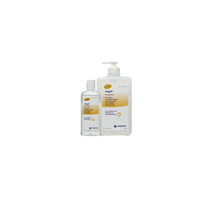 Two clear bottles of “hagel - handwashing. No-Rinse, Antiseptic Hand Cleansing Gel with Added Moisturizers. For Healthcare Personnel Handwashing” stand on a white surface.