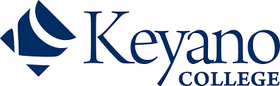 A dark-blue stylized logo, resembling a bird in flight, is positioned to the left of the text "Keyano COLLEGE" in the same color.