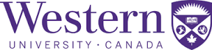 The text, "Western UNIVERSITY • CANADA", appears in purple, to the left of a purple shield featuring a sunburst and Canadian symbols.