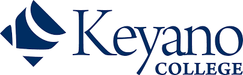 A stylized, dark-blue logo with abstract shapes sits to the left of the words "Keyano COLLEGE" in the same color.