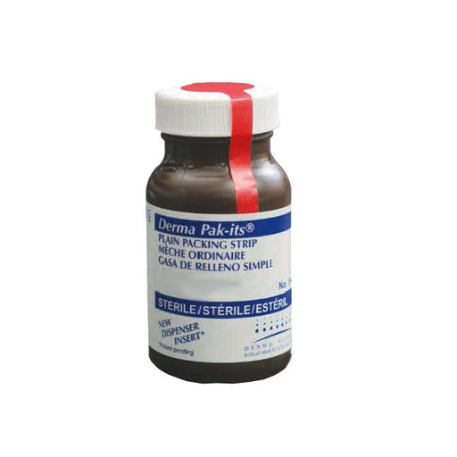 A brown bottle of Derma Pak-its plain packing strips sits on a white background. The bottle is labeled with the product name and "Sterile/Stérile/Estéril".