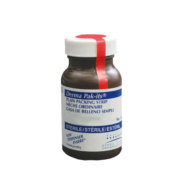 A brown bottle of Derma Pak-its plain packing strips sits on a white background. The bottle is labeled with the product name and "Sterile/Stérile/Estéril".