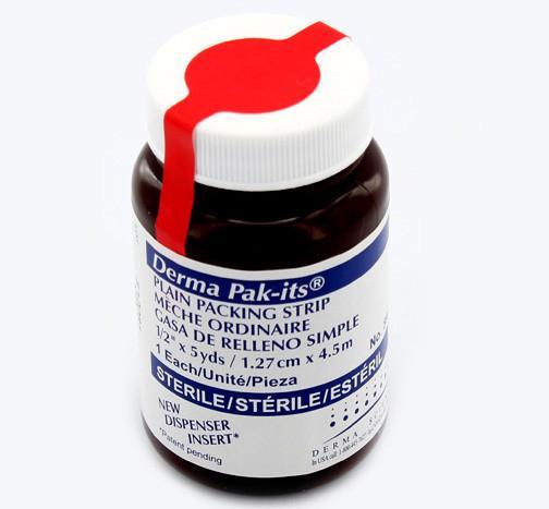 A small bottle sits upright. The bottle has a white label, white cap, and red stopper. The label has blue text. It is on a white background.