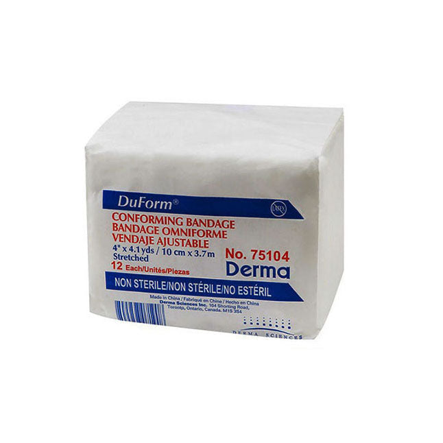 A white box of "DuForm Conforming Bandage" sits on a white surface. Text on the box reads: “CONFORMING BANDAGE BANDAGE OMNIFORME VENDAJE AJUSTABLE 4" x 4.1 yds / 10 cm x 3.7m No. 75104 Stretched 12 Each/Unités/Piezas Derma NON STERILE/NON STÉRILE/NO ESTÉRIL”.