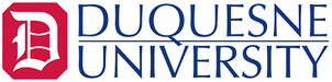 The text "DUQUESNE UNIVERSITY" is shown in navy blue, underscored. To the left, a large white "D" sits in a red octagon.