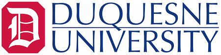 The text "DUQUESNE UNIVERSITY" is shown in navy blue, underscored. To the left, a large white "D" sits in a red octagon.