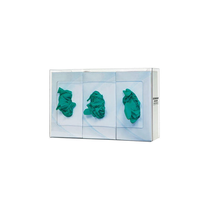 A clear glove dispenser, divided into three sections, holds bunches of teal gloves.
