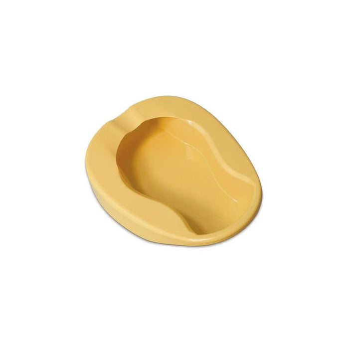 A pale yellow bedpan sits on a white background. It is designed to be used for toileting.