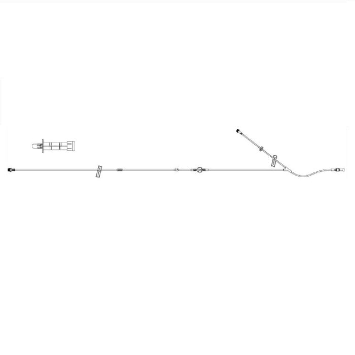 A saline drip stretches horizontally across a white background. Various clips, valves, and connectors are along the length of the tubing.