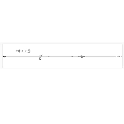 A clear IV tube runs horizontally across the white space. It has a drip chamber on the left and connectors spaced along its length.