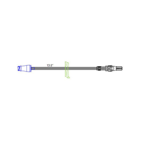 A medical tube lies horizontally, connecting a blue connector on the left to a dark connector on the right, with a green clip holding it up in the middle. The measurement "13.5”" is noted near the tube.