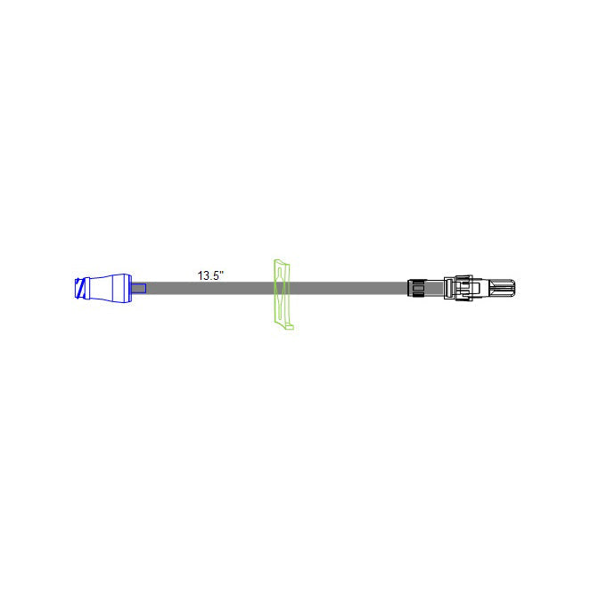 A medical tube lies horizontally, connecting a blue connector on the left to a dark connector on the right, with a green clip holding it up in the middle. The measurement "13.5”" is noted near the tube.