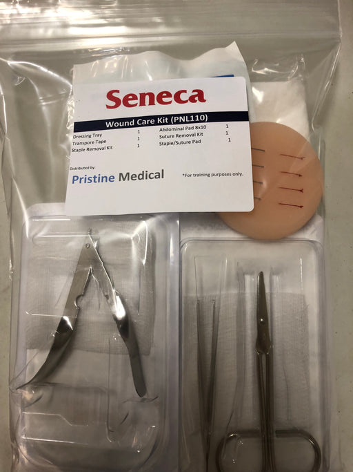 A “Seneca Wound Care Kit (PNL110)" is packaged with dressing tray, abdominal pads, suture removal kit, staple removal kit, staple/suture pad and other medical supplies. "Distributed by Pristine Medical. *For training purposes only."