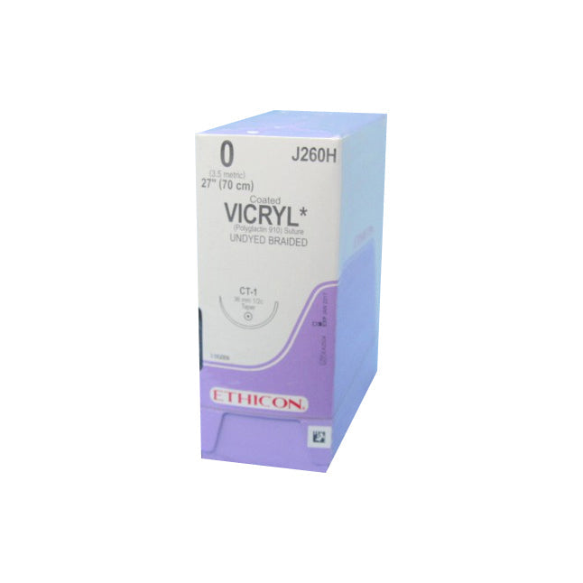 A box of VICRYL* surgical sutures sits upright. The box displays product details including size, length, and material: Coated Polyglactin 910 suture, undyed braided, size 0, 27 inches (70 cm), CT-1, J260H. Ethicon branding is visible.