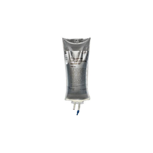 A clear IV bag labeled "5% Dextrose and 0.9% Sodium Chloride Injection USP 1000 mL" hangs, full of liquid, against a stark white backdrop.