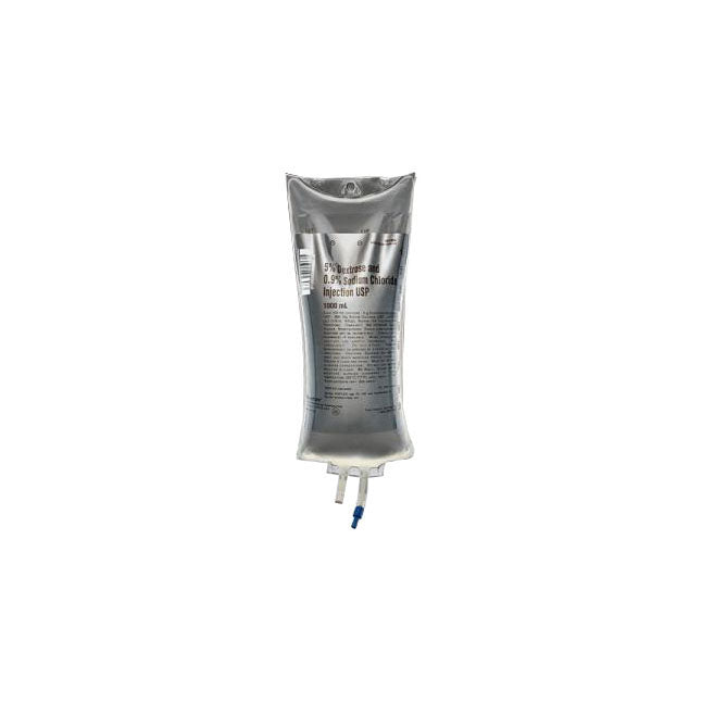 A clear IV bag labeled "5% Dextrose and 0.9% Sodium Chloride Injection USP 1000 mL" hangs, full of liquid, against a stark white backdrop.