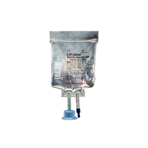 An IV bag, labeled "0.9% Sodium Chloride Injection USP," hangs with tubing attached and a blue cap. The background is plain white.