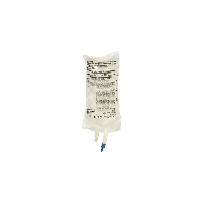 A bag of Lactated Ringer's solution hangs, ready for intravenous administration. The bag displays "Lactated Ringer" and "Lactate de Ringer". The lot number is W1F2YCL and expiration date is SEP 12.