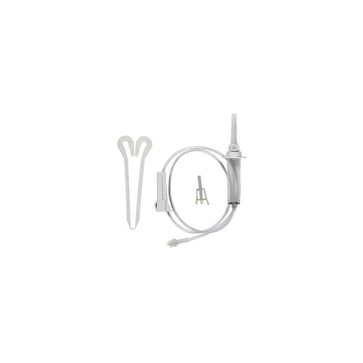An IV set and its components sit, disassembled. Included are tubing, drip chamber, flow regulator, insertion spike, and a two-pronged clip, all against a white background.