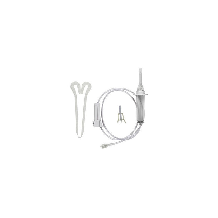 An IV set and its components sit, disassembled. Included are tubing, drip chamber, flow regulator, insertion spike, and a two-pronged clip, all against a white background.