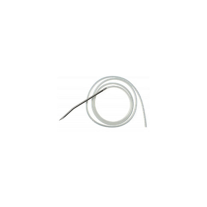 A catheter with a needle extends from a coiled tube, lying on a plain white background.