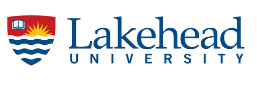 Lakehead University logo shows a shield with a book, sun, and waves, alongside the words "Lakehead UNIVERSITY" in blue font.