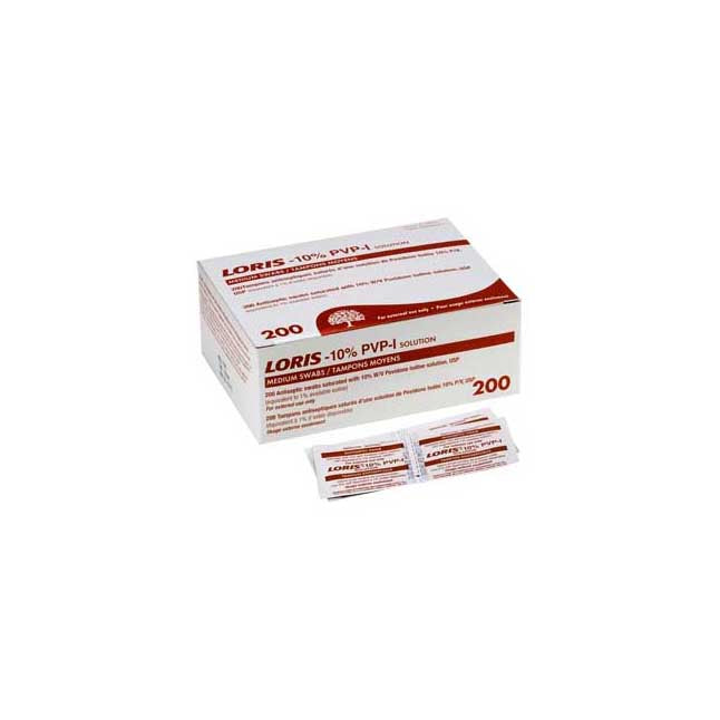 A white box with red text reading, "LORIS -10% PVP-I SOLUTION. MEDIUM SWABS / TAMPONS MOYENS." with the number "200" appears near a couple of small packets, also labeled "LORIS 10% PVP-I".
