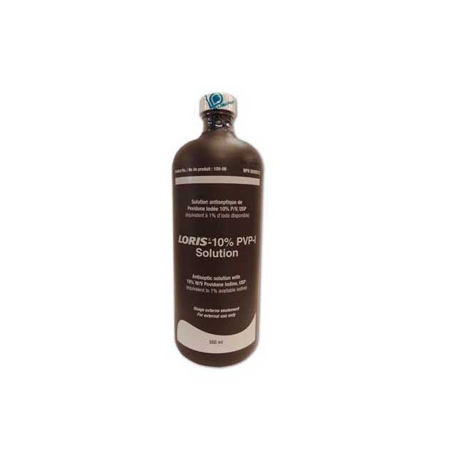 A dark brown bottle of "LORIS - 10% PVP-I Solution" sits against a white background. The bottle's label lists the solution as an antiseptic, and the bottle contains 500 ml.