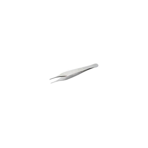 A pair of silver forceps lies on a white background.