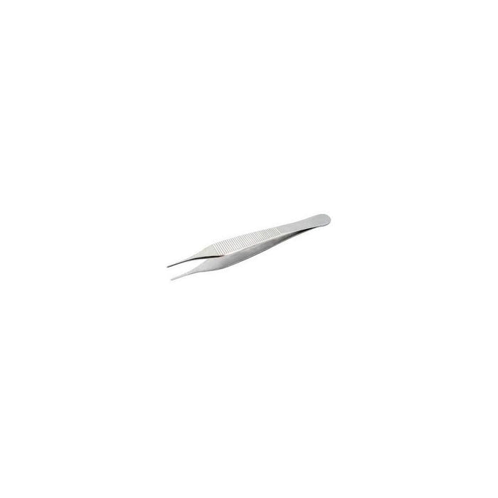 A pair of silver forceps lies on a white background.