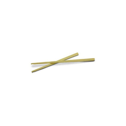 Two thin, light-colored sticks are crossed at their middles, lying flat against a plain white background.