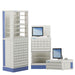 Three off-white medication storage cabinets, of varying sizes, sit on a white background. The largest is a tall, stacked unit with shelves and drawers. The middle cabinet features a small computer screen. The smallest cabinet has a smaller computer screen.