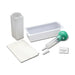 A medical kit containing a syringe, a small container, and other supplies rests on a white background.