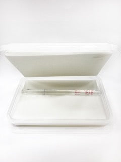 A blurry, white plastic container is stacked with its lid slightly ajar, sitting against a clean, bright, white backdrop.