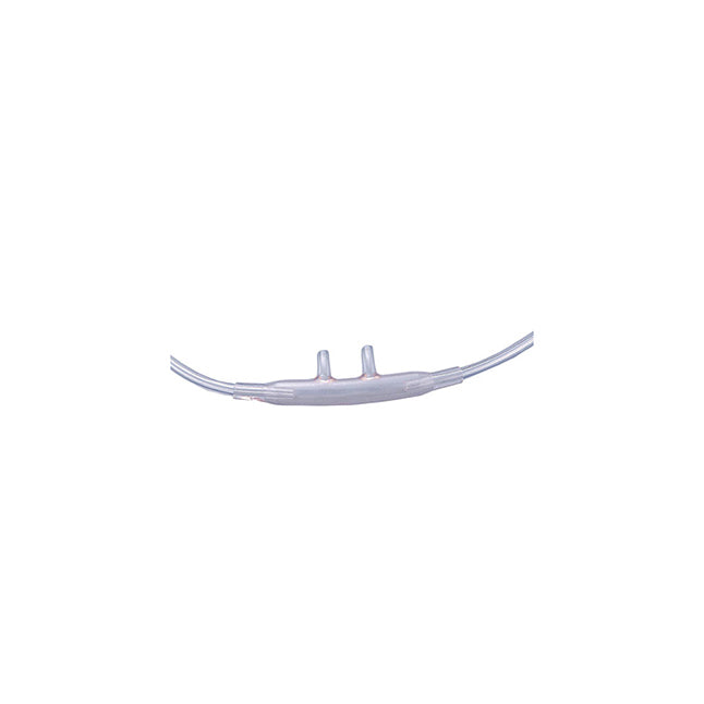 A nasal cannula delivers oxygen; two prongs are visible against a white background.