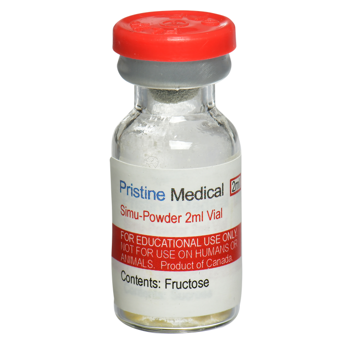 A 2ml vial containing fructose powder sits upright. It is labeled "Pristine Medical Simu-Powder 2ml Vial," and indicates it's for educational use only, not for humans or animals. It's a product of Canada.