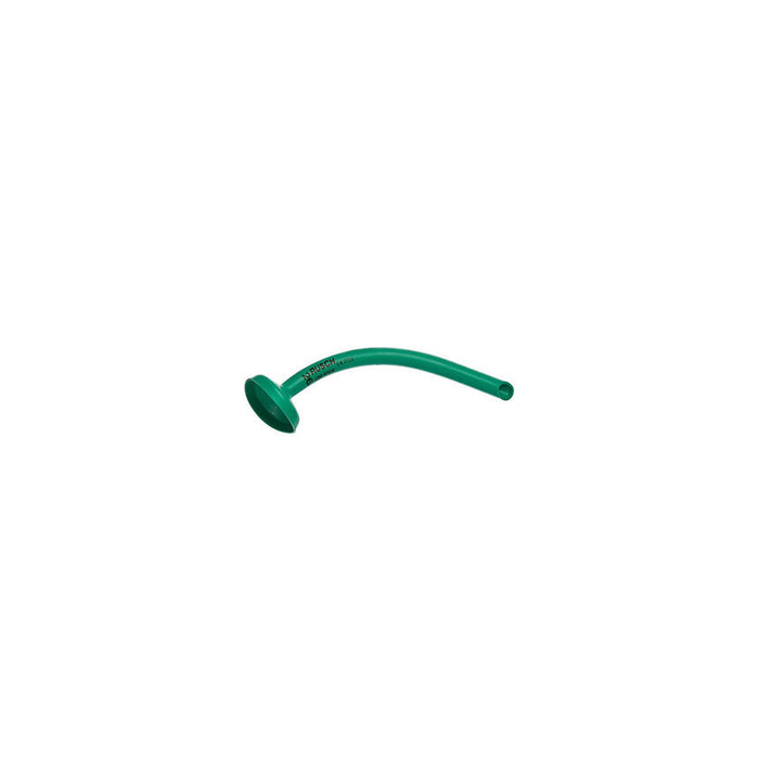 A green, curved suction catheter rests on a white background. The catheter is labeled "14 Fr 0804".