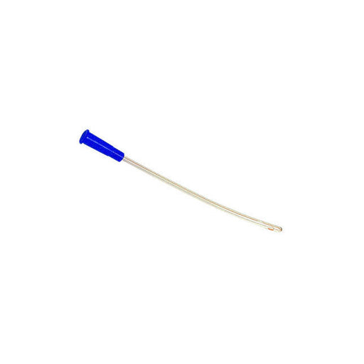 A catheter with a blue cap stretches diagonally across a white background, pointing slightly upward.