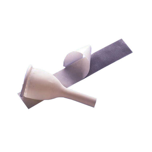 A white condom catheter rests on a gray adhesive strip, with the paper backing partially peeled off, against a plain white backdrop.