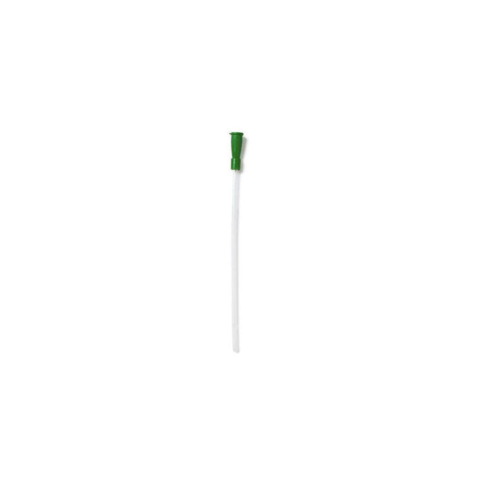 A sterile suction catheter sits in an upright position, pointing down slightly. Its tip is green and the body is white. It is on a white background.