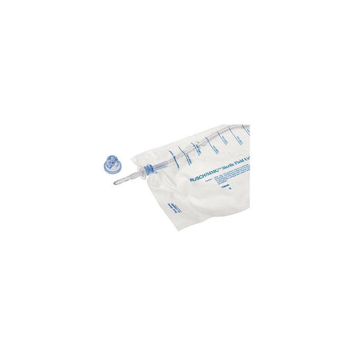 A sterile field urine bag lies open, connected to a drainage tube and a separate cap; it's on a plain white background. RUSCH/MMC™ Sterile Field Urine is printed on the bag.