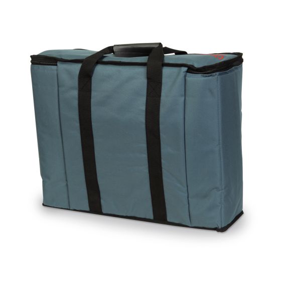 A blue fabric bag with black handles sits on a white background.