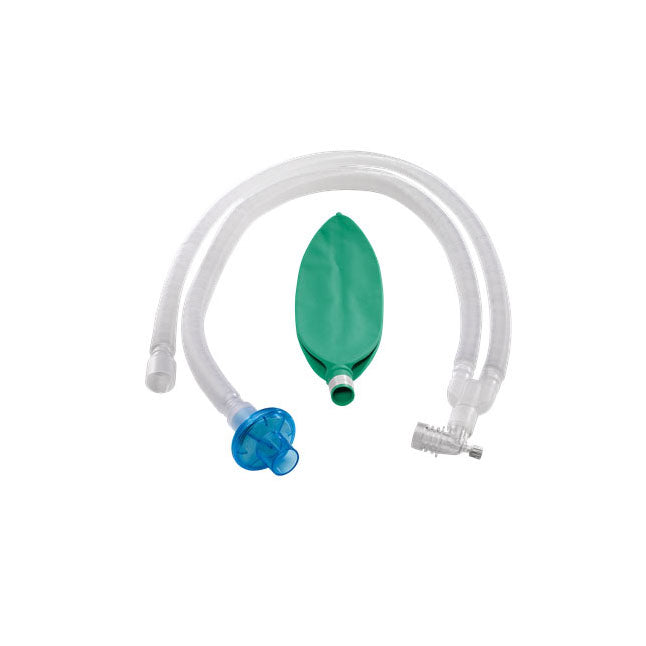 A breathing circuit displays its clear hoses, a blue filter on the left end, and a green manual resuscitator bag centered on a white background.