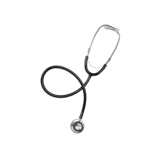 A stethoscope is posed artfully, with its tubing making a wide loop. It is displayed against a white background.