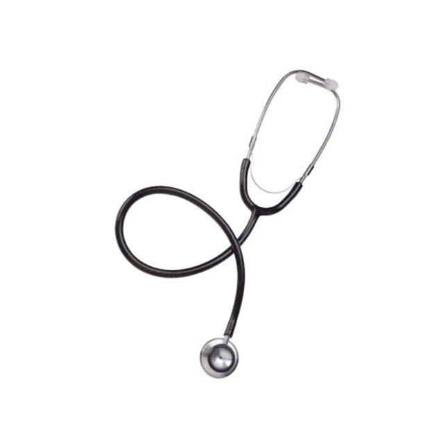 A stethoscope is posed artfully, with its tubing making a wide loop. It is displayed against a white background.