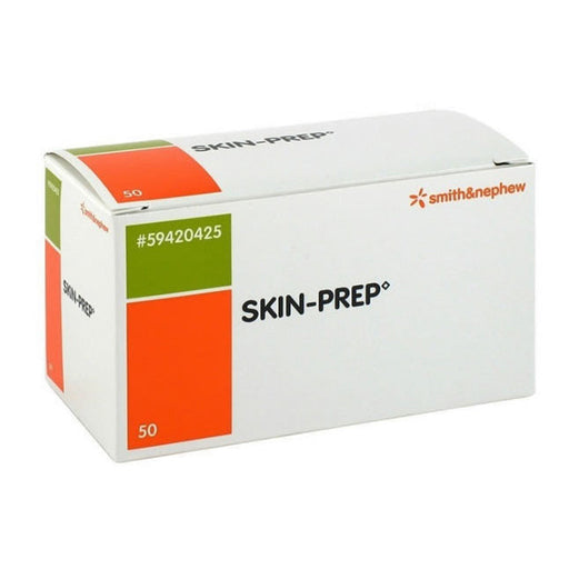 A white cardboard box displays "SKIN-PREP" alongside the Smith & Nephew logo. The box's side features a green square with "#59420425" and an orange square, both labeled "50." The box rests on a white surface.