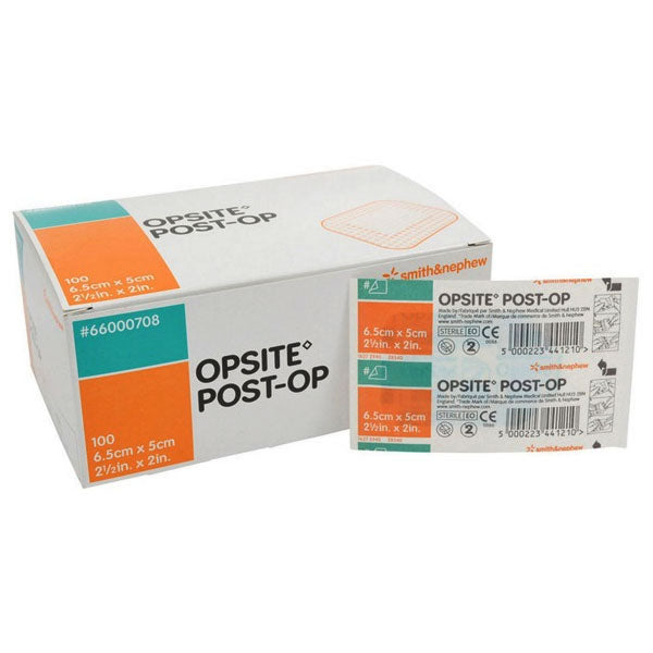 A box of OPSITE POST-OP bandages sits on a surface. The box contains 100 bandages, each measuring 6.5cm x 5cm (2½in. x 2in.). Two individual packages are also visible.