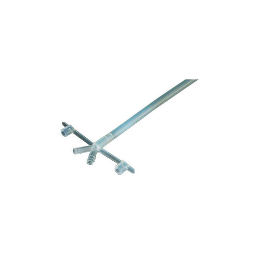 A clear catheter with three branched ports extends upwards on a white background.