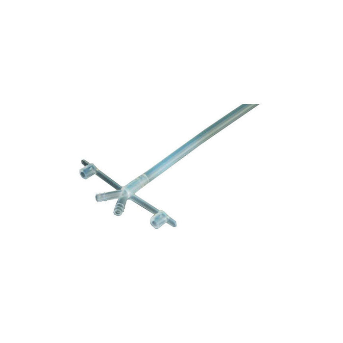 A clear catheter with three branched ports extends upwards on a white background.