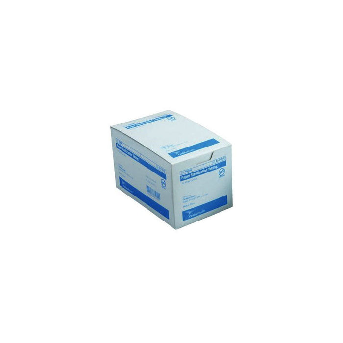 A white box, labeled "Paper Sterilization Tubing" in blue text, sits diagonally on a white background. Additional text is visible on the sides of the box.